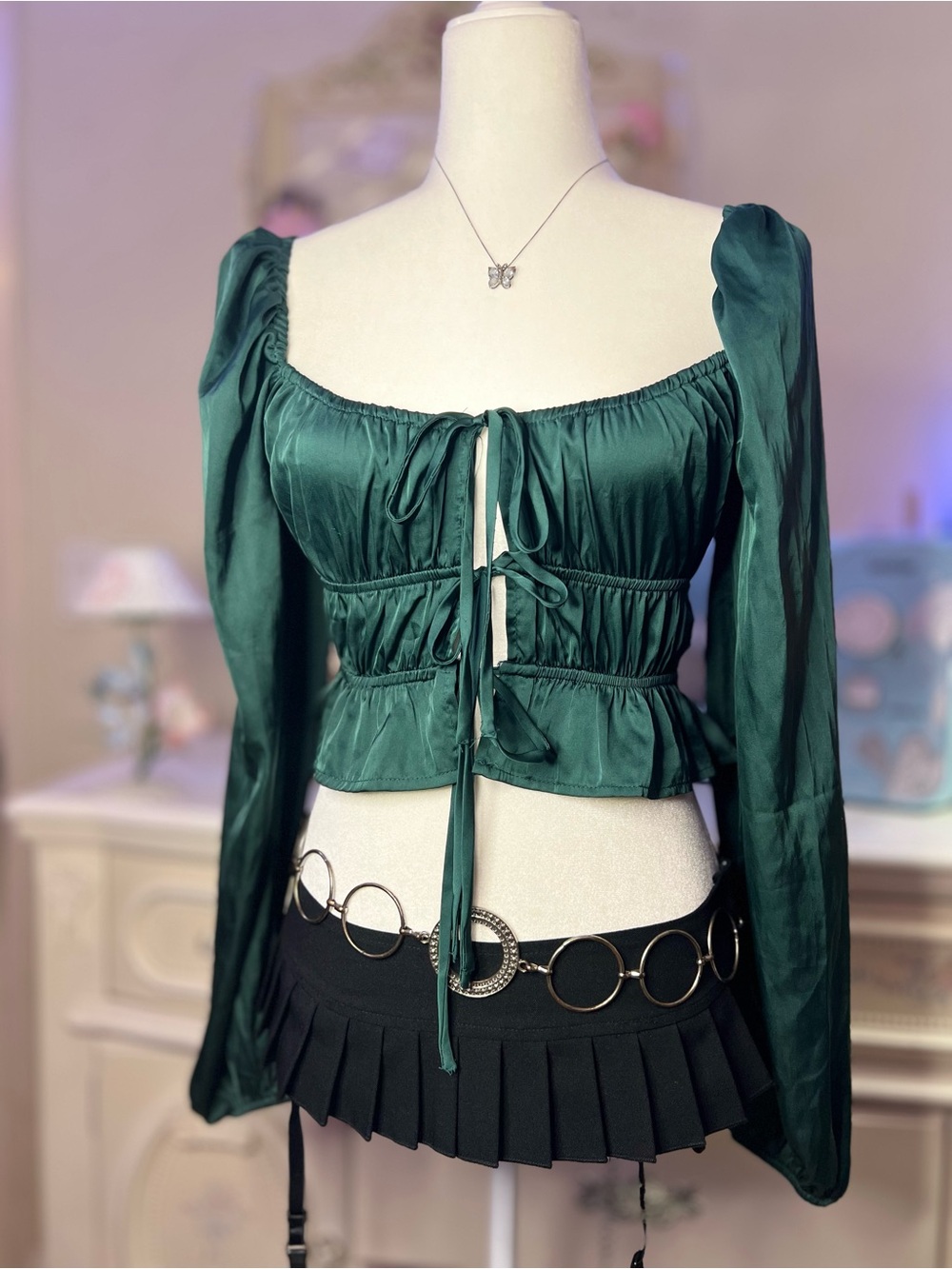 Forever 21 Emerald Green Satin Tie-Front Peplum Blouse